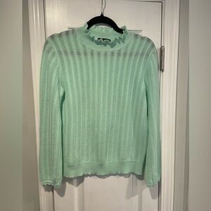J. Crew Size S Pointelle Ruffle Mock Neck Cotton Lightweight Long Sleeve Sweater